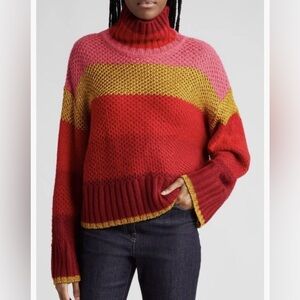 NWT FARM Rio Shiny Stripe Colorblock Turtleneck Sweater RED MULTI Medium $210